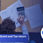 Man calculating with pen and calculator, surrounded by tax and grant documents.
