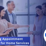 Female real estate agent handing house keys to smiling couple, holding tablet alongside colleague.