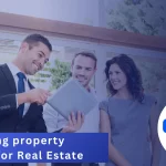 Real estate agent using tablet to assist couple during property viewing.