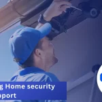 Technician installing security camera on exterior of home.