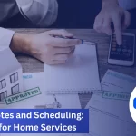 Person calculating home service costs on mobile and calculator with house model, key, and paperwork on table.